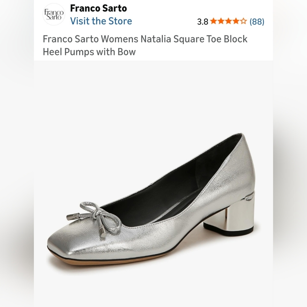 Franco Sarto Silver Metallic Square-Toe Block Heel Pump with Bow
